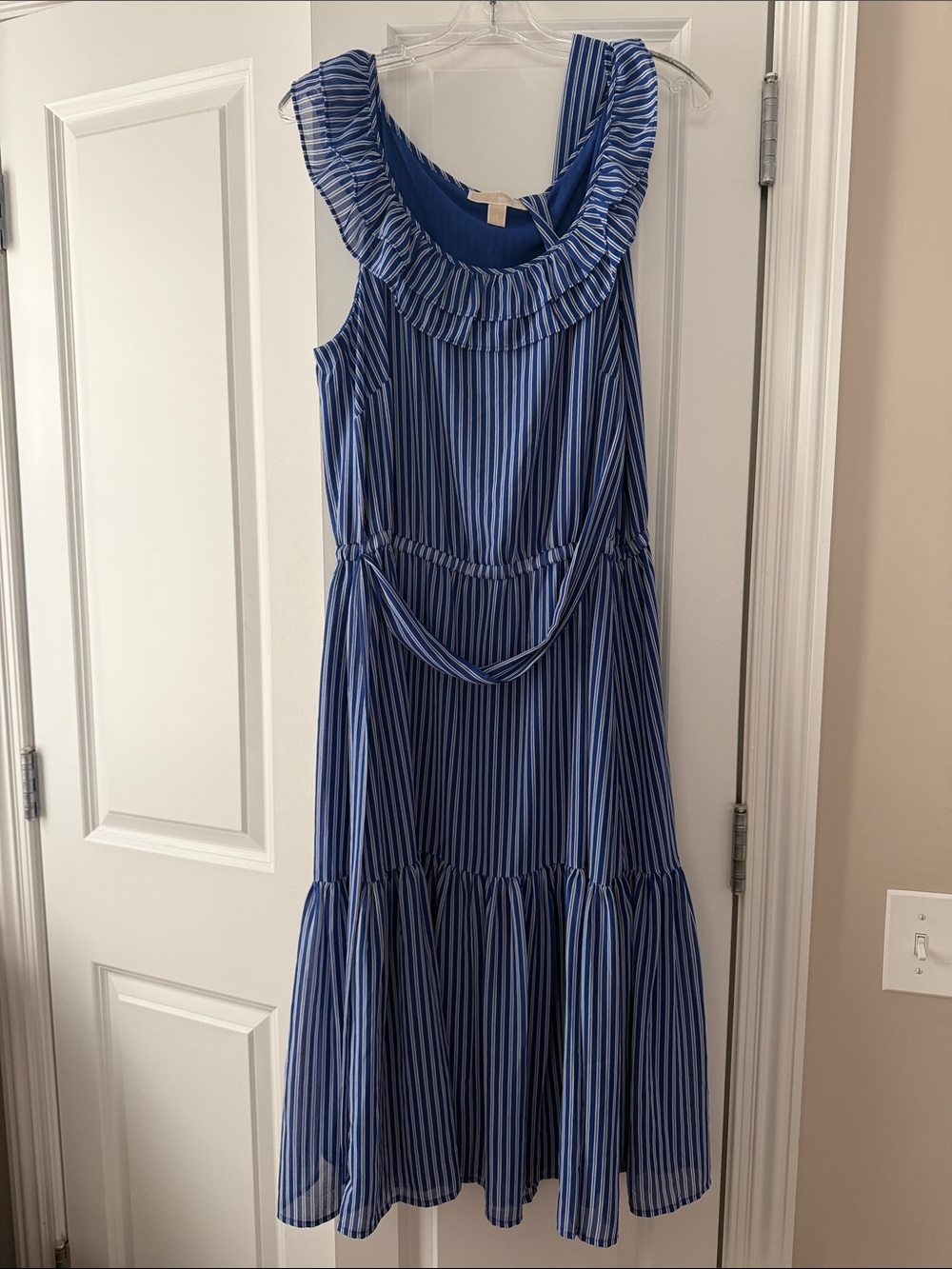 Michael Kors Blue Striped Ruffle-Trim Midi Dress - Picture 1 of 4